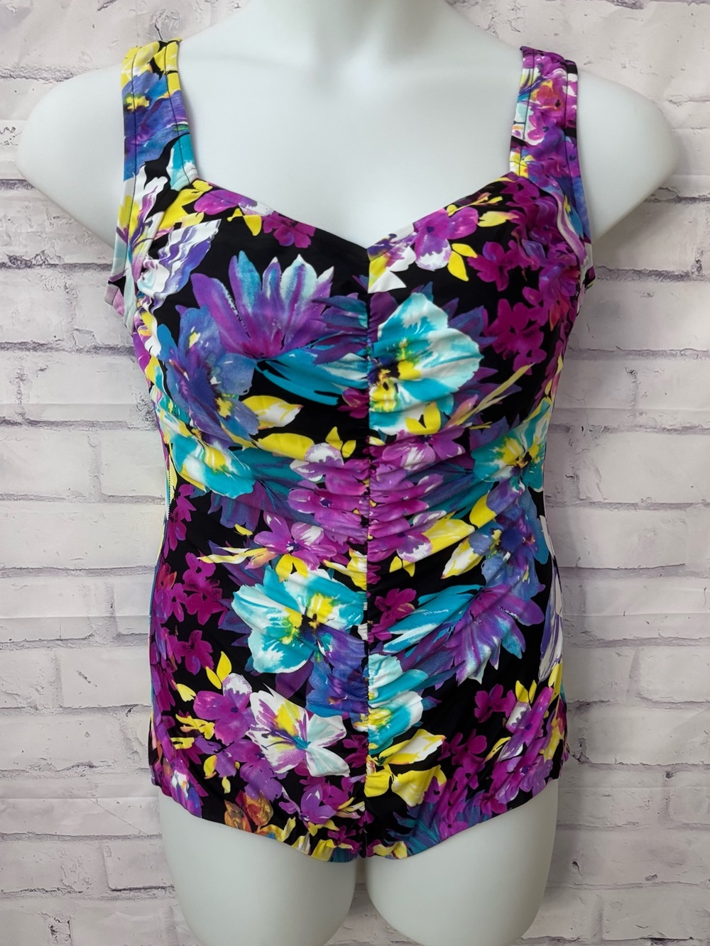 Azul 16W Modest One Piece Swim Suit Slimming Soft Cups Purple Floral Resort Wear